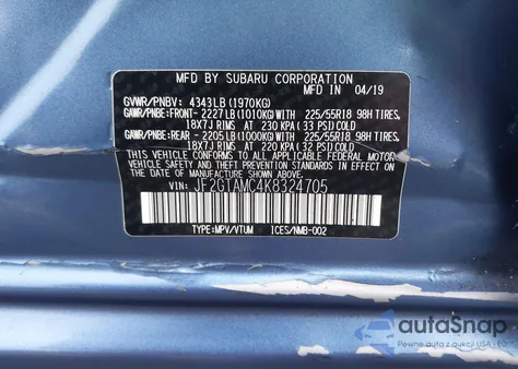 2019 Subaru Crosstrek 2.0I Limited z USA, uszkodzony, nr VIN JF2GTAMC4K8324705